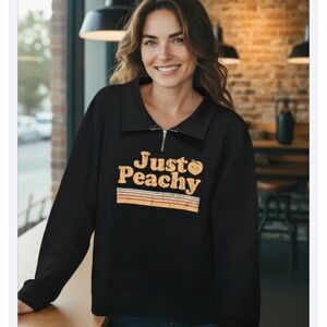Large 'Just Peachy' Black 1/4 Zip Sweatshirt NWT